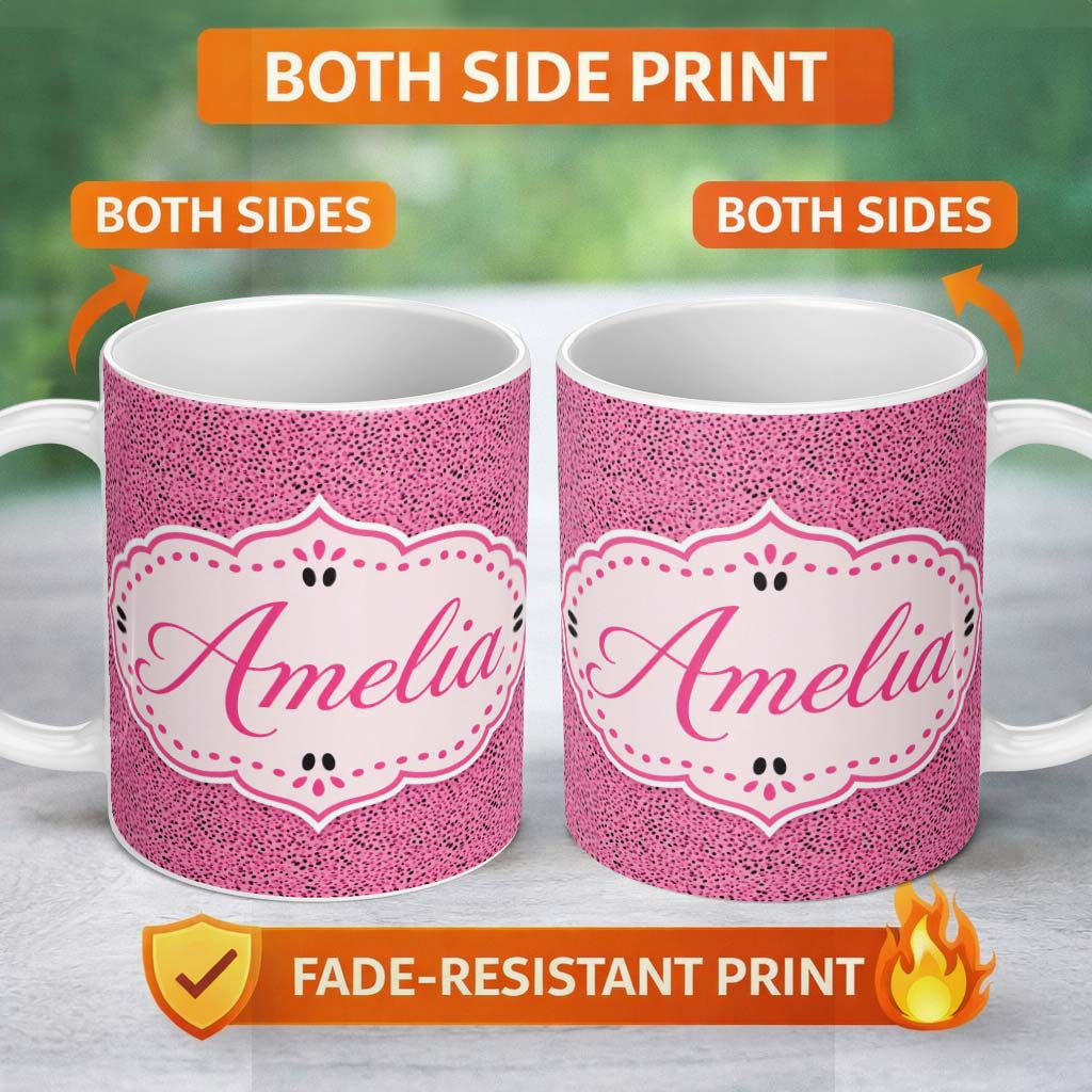 Personalized Custom Name Pink and Black Micro Speckled Dot Abstract Seamless Pattern Lovely 11oz Ceramic Coffee Tea Mug White Large Handle