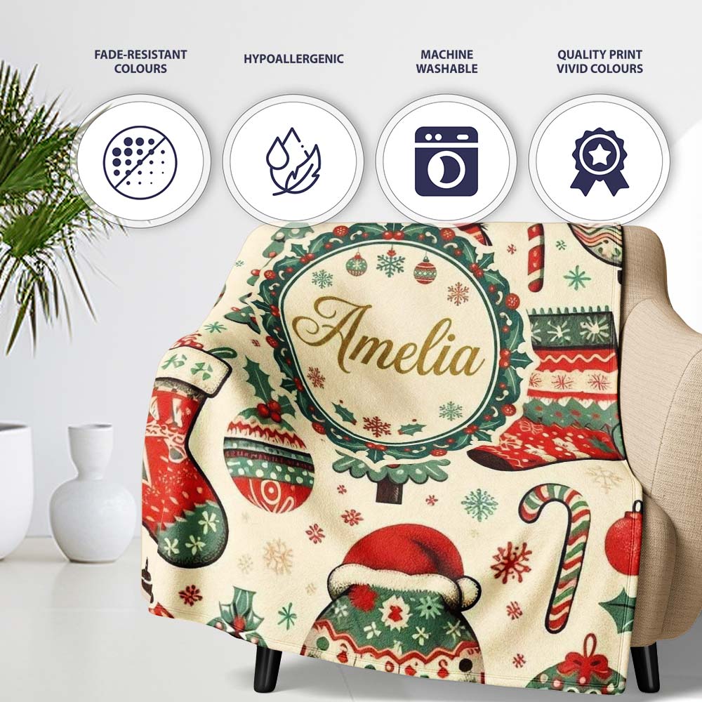 Festive Christmas Tree Stocking Snowman Holiday Seamless Pattern Personalised Custom Name Super Soft Fleece Blanket Bed Sofa Throw