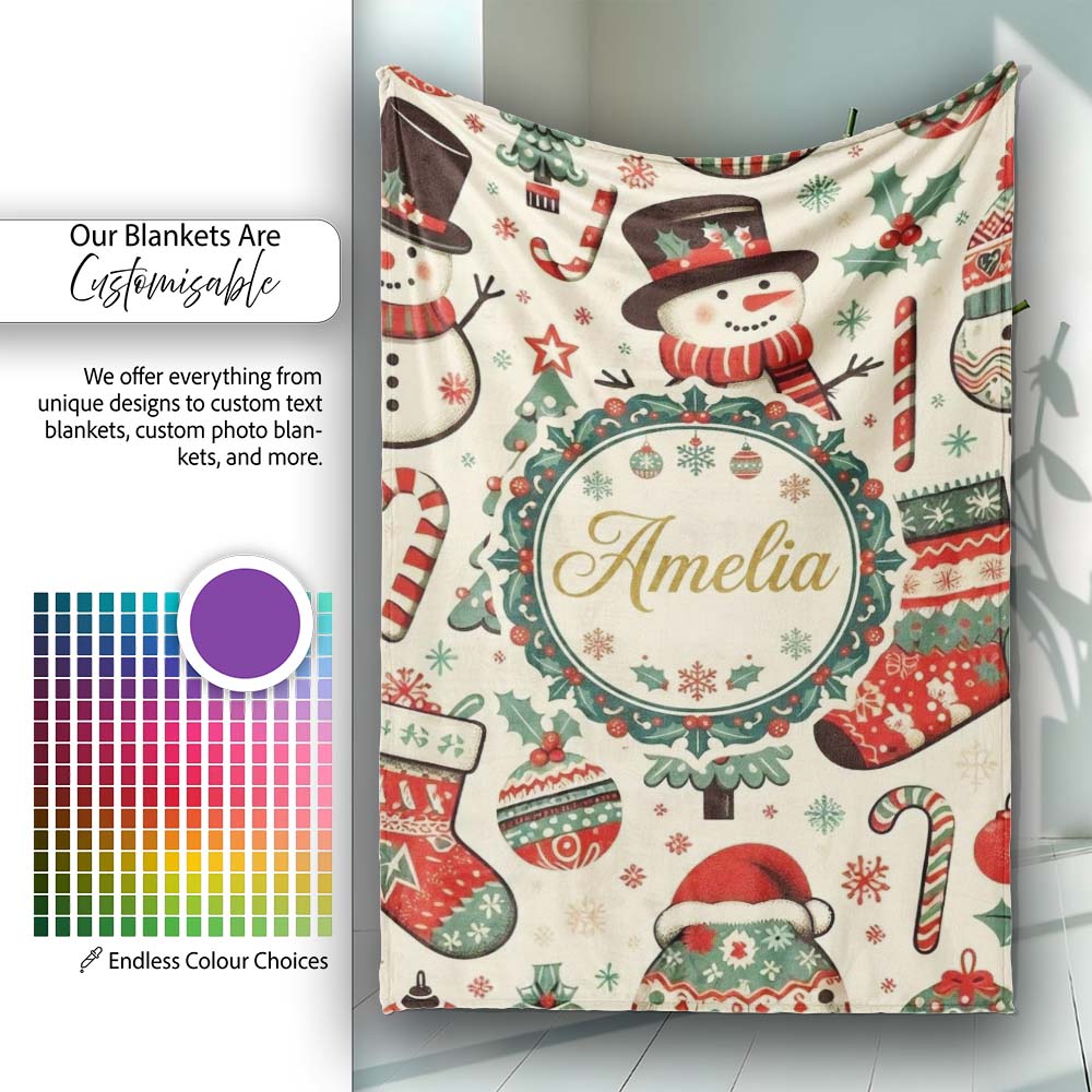 Festive Christmas Tree Stocking Snowman Holiday Seamless Pattern Personalised Custom Name Super Soft Fleece Blanket Bed Sofa Throw
