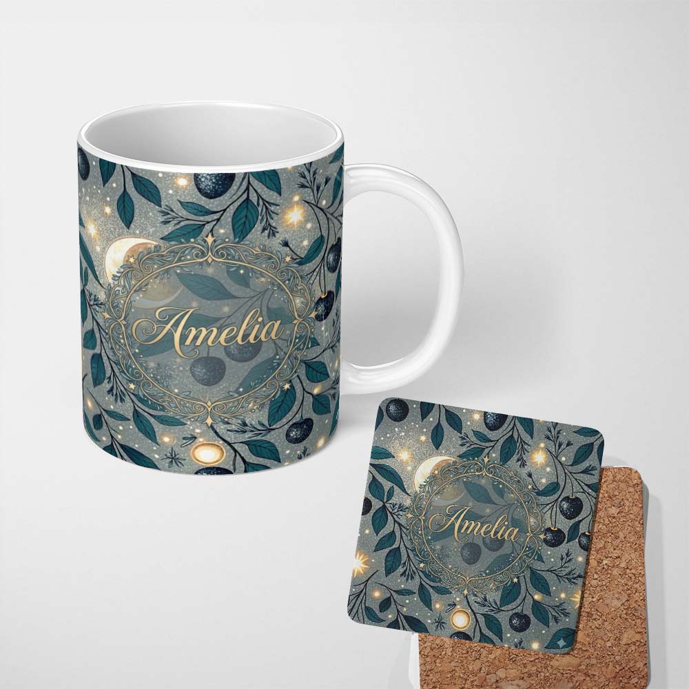 Personalized Custom Name Owl Moon Stars Night Sky Botanical Seamless Pattern Cute Unique Gift 11oz Ceramic Coffee Tea Mug White Large Handle