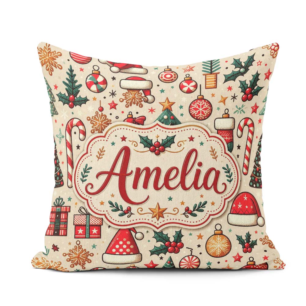 Custom Name Christmas Tree Santa Hat Stocking Candy Cane Pattern Square Filled Cushion Throw Pillow Sofa Bed Home Decor Zip Washable UK Made