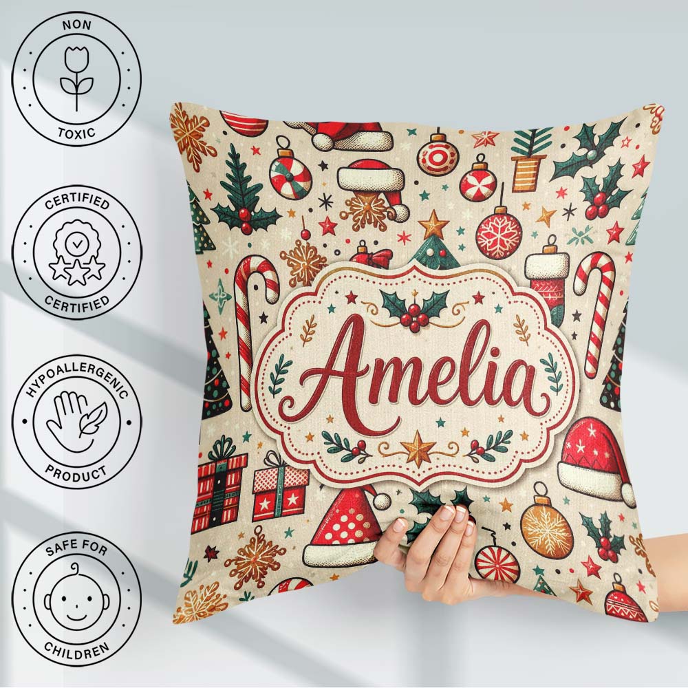 Custom Name Christmas Tree Santa Hat Stocking Candy Cane Pattern Square Filled Cushion Throw Pillow Sofa Bed Home Decor Zip Washable UK Made