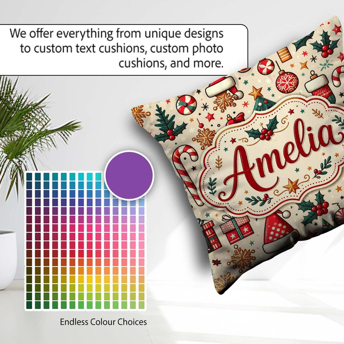 Custom Name Christmas Tree Santa Hat Stocking Candy Cane Pattern Square Filled Cushion Throw Pillow Sofa Bed Home Decor Zip Washable UK Made