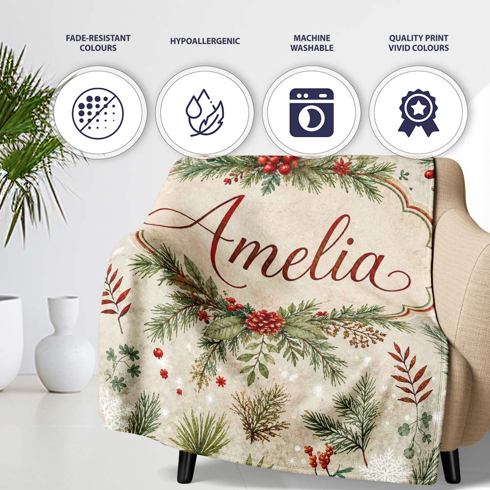 Winter Botanical Pine Branch Berry Snowflake Seamless Pattern Lovely Personalised Custom Name Super Soft Fleece Blanket Bed Sofa Throw