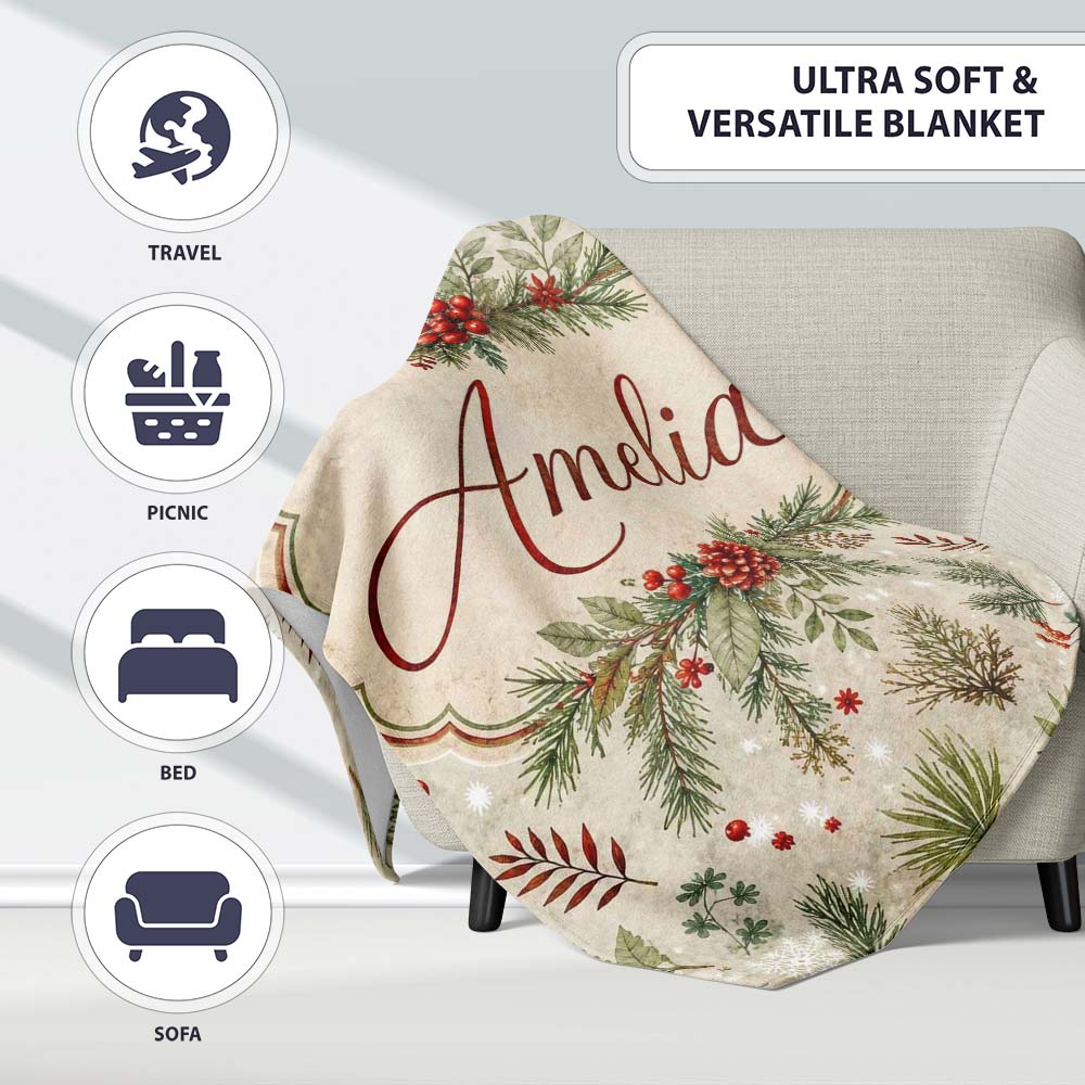 Winter Botanical Pine Branch Berry Snowflake Seamless Pattern Lovely Personalised Custom Name Super Soft Fleece Blanket Bed Sofa Throw