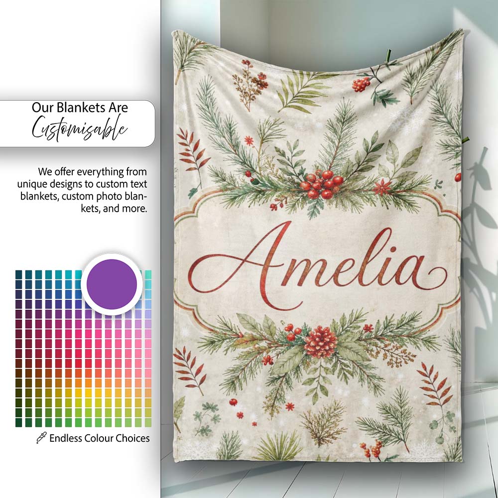 Winter Botanical Pine Branch Berry Snowflake Seamless Pattern Lovely Personalised Custom Name Super Soft Fleece Blanket Bed Sofa Throw