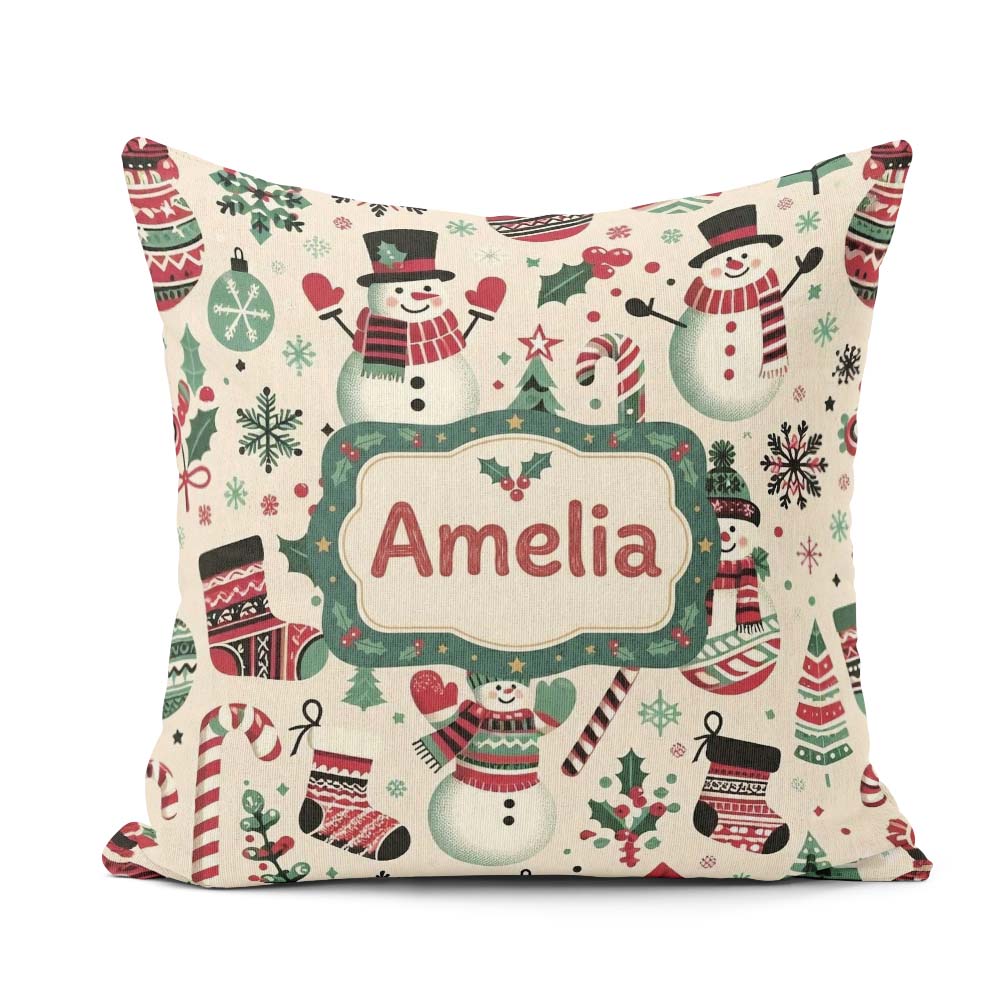 Custom Name Snowman Cane Christmas Tree Festive Seamless Pattern Square Filled Cushion Throw Pillow Sofa Bed Home Decor Zip Washable UK Made
