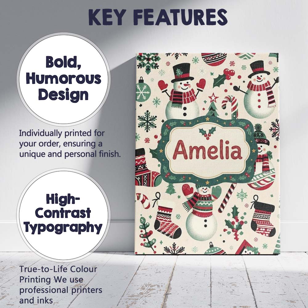 Personalised Name Cute Snowman Candy Cane Custom Unique Gift Idea Elegant Feature Canvas Wall Art Print Decor Picture Ready to Hang