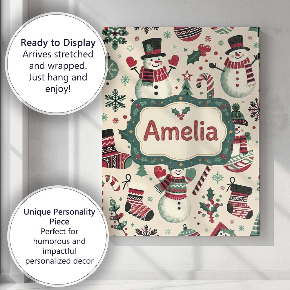 Personalised Name Cute Snowman Candy Cane Custom Unique Gift Idea Elegant Feature Canvas Wall Art Print Decor Picture Ready to Hang