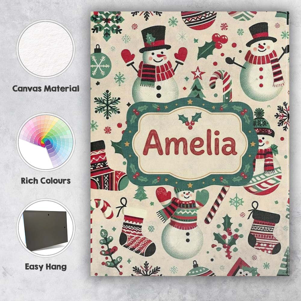 Personalised Name Cute Snowman Candy Cane Custom Unique Gift Idea Elegant Feature Canvas Wall Art Print Decor Picture Ready to Hang
