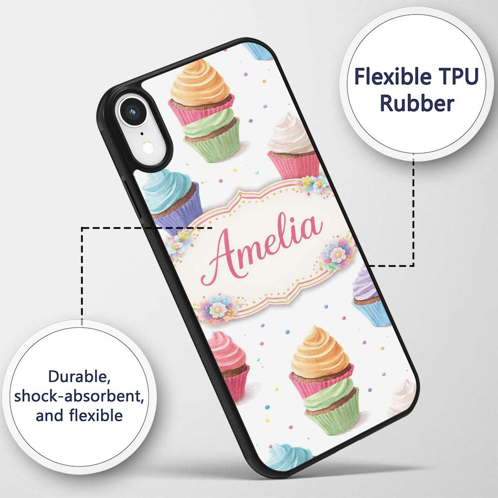 Hand Drawn Cupcake Seamless Decorative Design Custom Name Protective Phone Case Mobile Cover Durable Everyday Smartphone Shock Resistant