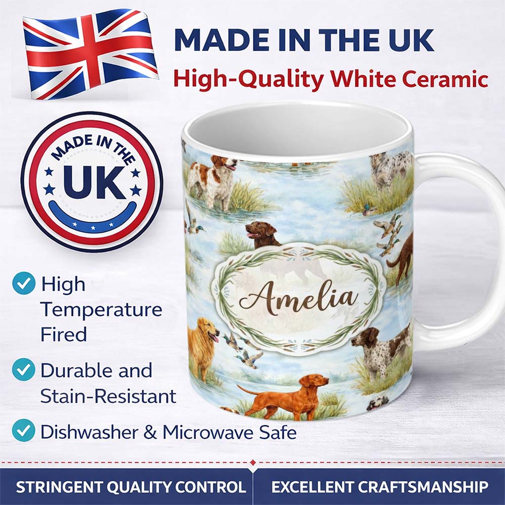 Personalized Custom Name Watercolor Hunting Dogs Ducks Lake Nature Seamless Pattern Lovely 11oz Ceramic Coffee Tea Mug White Large Handle