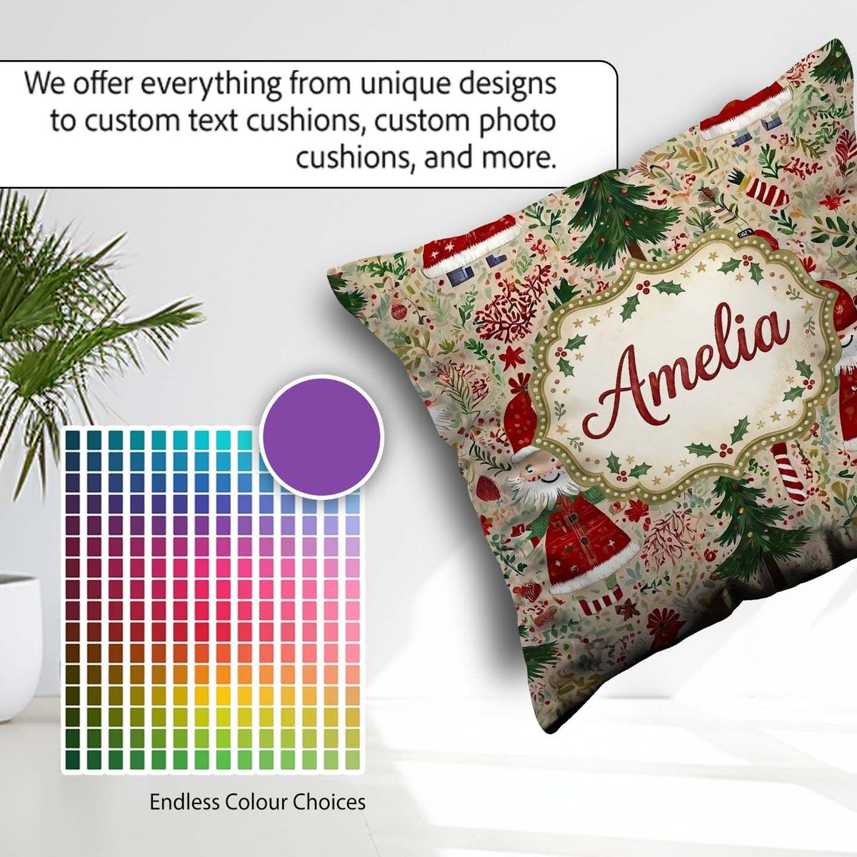 Custom Name Christmas Gnome Santa Tree Holiday Festive Seamless Square Filled Cushion Throw Pillow Sofa Bed Home Decor Zip Washable UK Made
