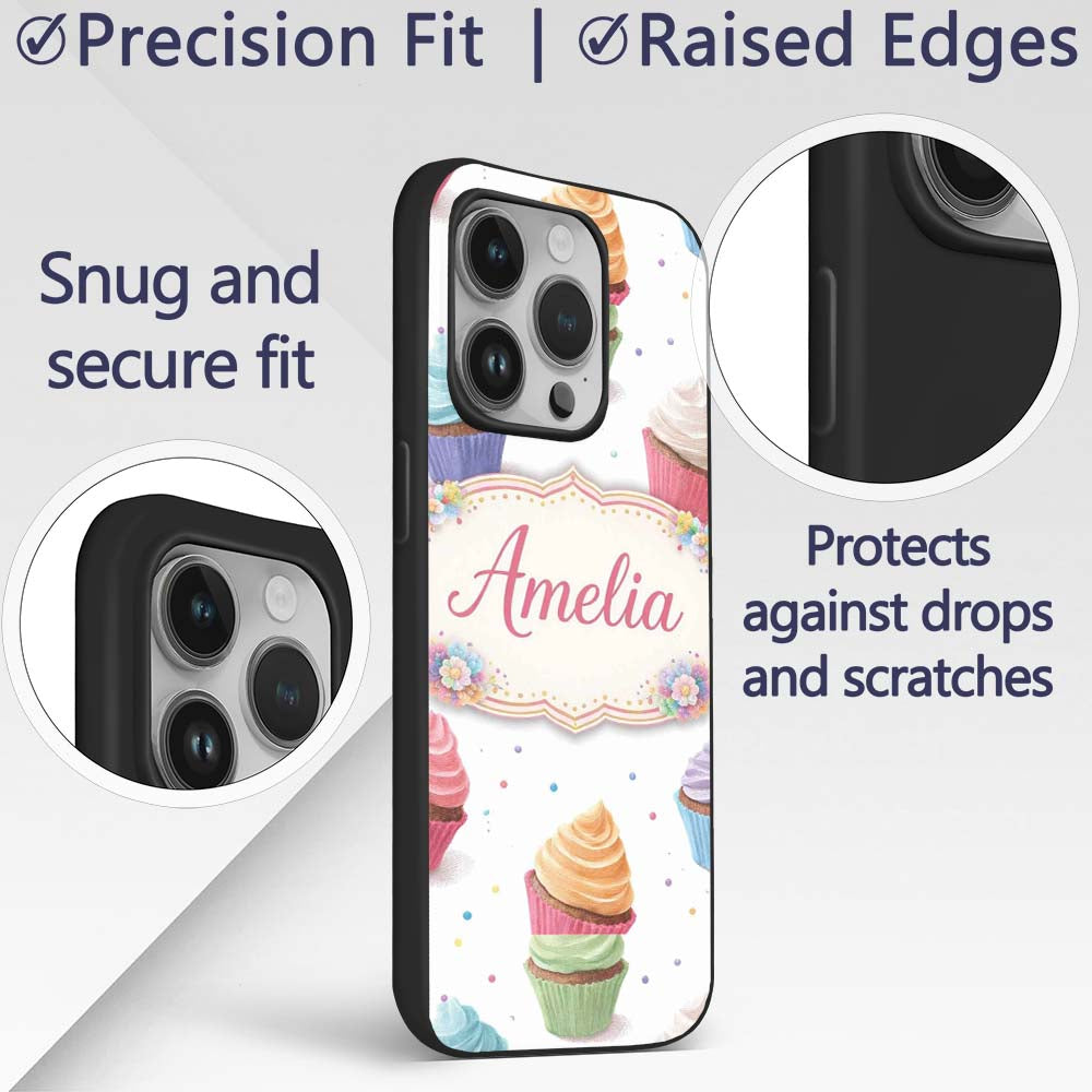 Hand Drawn Cupcake Seamless Decorative Design Custom Name Protective Phone Case Mobile Cover Durable Everyday Smartphone Shock Resistant