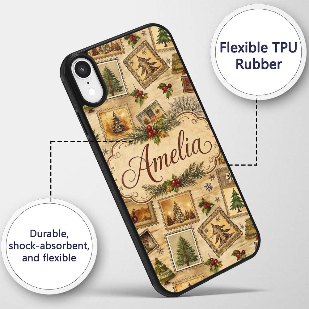 Vintage Christmas Tree Postcard Collage Rustic Custom Name Protective Phone Case Mobile Cover Durable Everyday Smartphone Shock Resistant