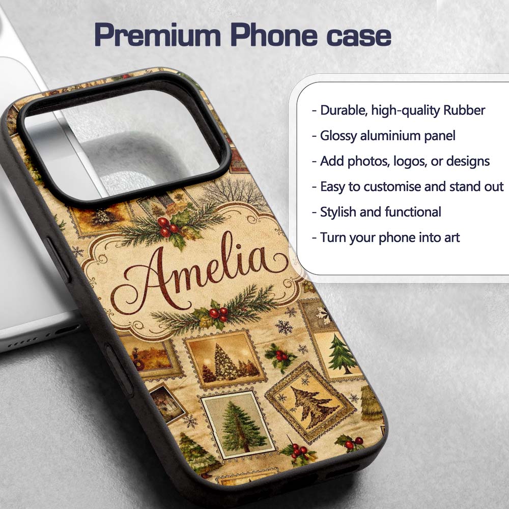 Vintage Christmas Tree Postcard Collage Rustic Custom Name Protective Phone Case Mobile Cover Durable Everyday Smartphone Shock Resistant