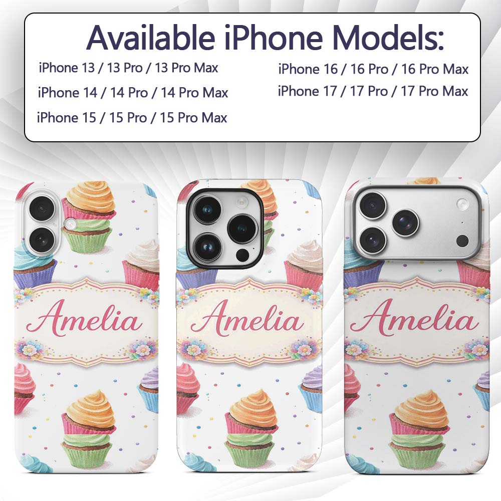 Hand Drawn Cupcake Seamless Decorative Design Custom Name Protective Phone Case Mobile Cover Durable Everyday Smartphone Shock Resistant