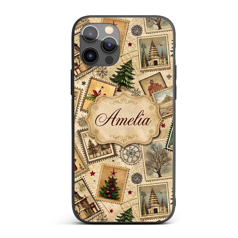 Vintage Christmas Village Tree Stamp Collage Custom Name Protective Phone Case Mobile Cover Durable Everyday Smartphone Shock Resistant