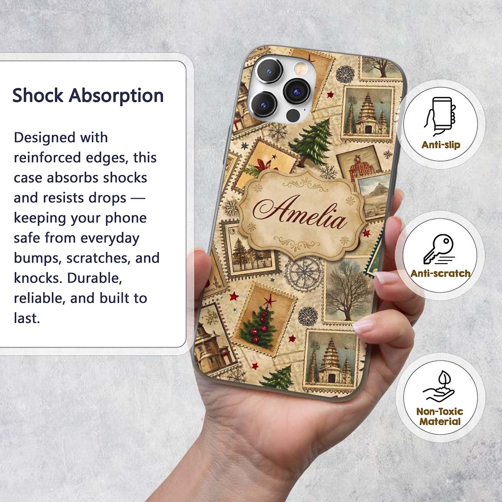 Vintage Christmas Village Tree Stamp Collage Custom Name Protective Phone Case Mobile Cover Durable Everyday Smartphone Shock Resistant