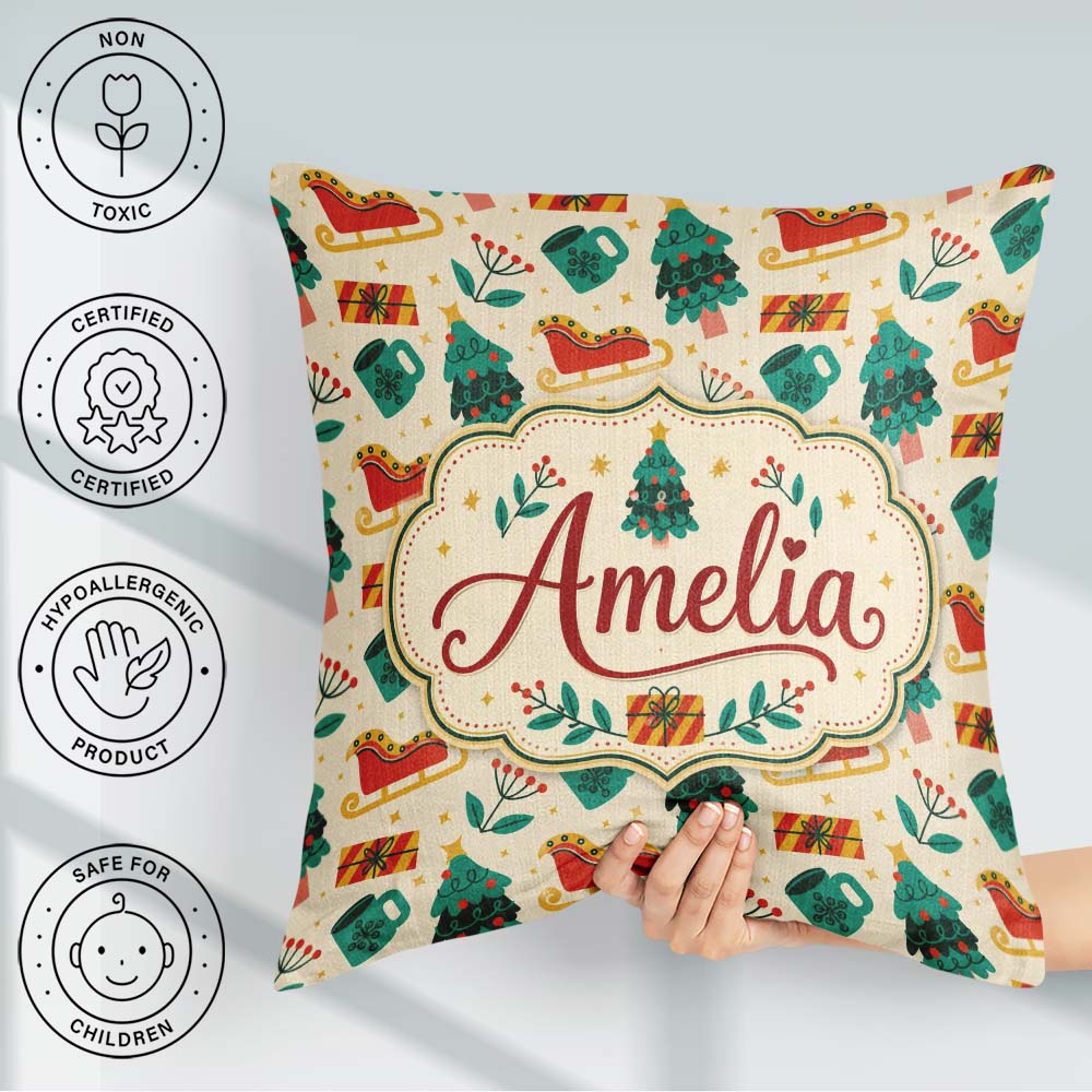 Custom Name Modern Sleigh Tree Gift Flat Design Seamless Pattern Square Filled Cushion Throw Pillow Sofa Bed Home Decor Zip Washable UK Made