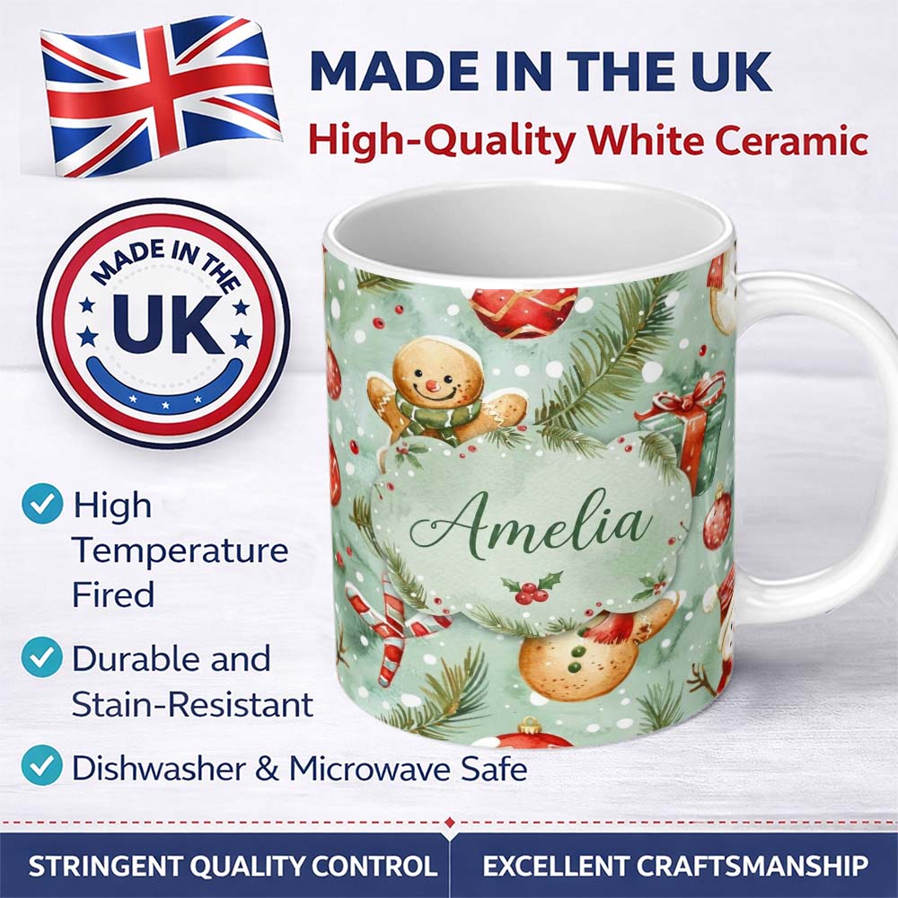 Personalized Custom Name Cute Gingerbread Snowman Candy Cane Gift Holiday Seamless Pattern 11oz Ceramic Coffee Tea Mug White Large Handle