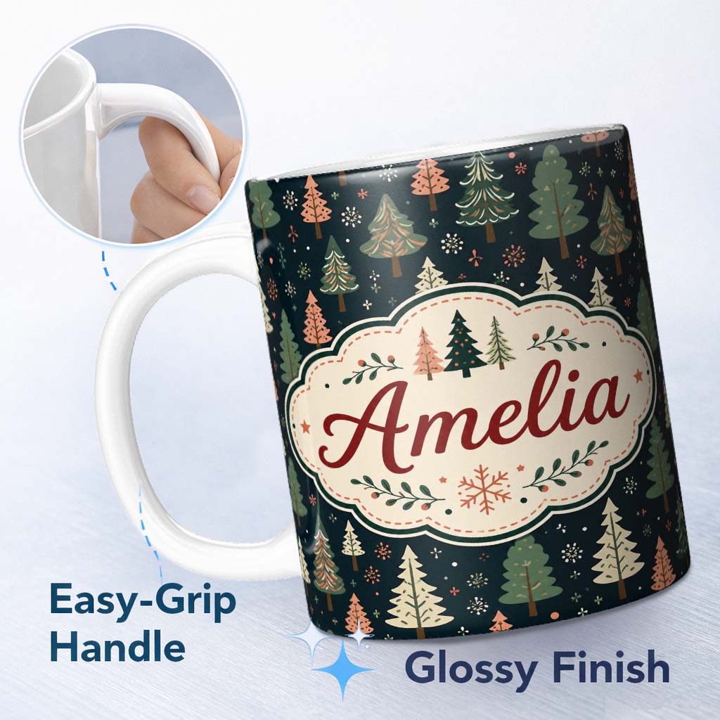 Personalized Custom Name Scandi Forest Christmas Trees Pastel Green Pink Snowflakes Seamless 11oz Ceramic Coffee Tea Mug White Large Handle