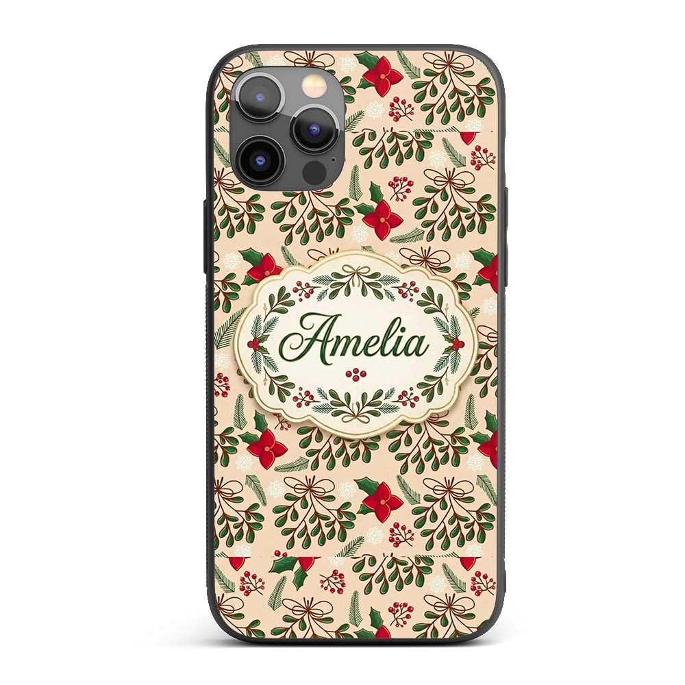 Festive Christmas Mistletoe Bow Berry Seamless Custom Name Protective Phone Case Mobile Cover Durable Everyday Smartphone Shock Resistant