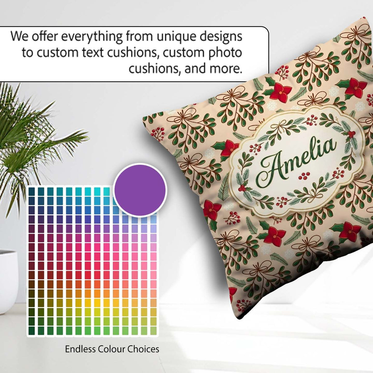 Custom Name Festive Christmas Mistletoe Bow Berry Pattern Lovely Square Filled Cushion Throw Pillow Sofa Bed Home Decor Zip Washable UK Made