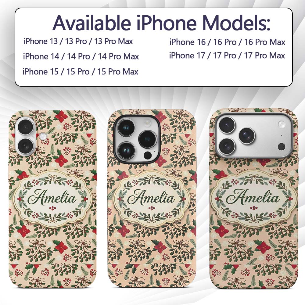 Festive Christmas Mistletoe Bow Berry Seamless Custom Name Protective Phone Case Mobile Cover Durable Everyday Smartphone Shock Resistant