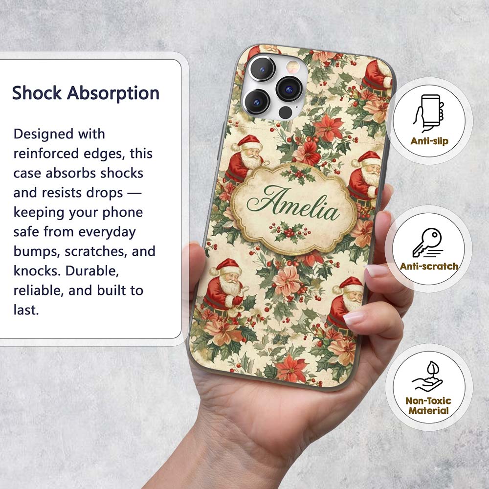 Vintage Santa Claus Holly Floral Printed Design Custom Name Protective Phone Case Mobile Cover Durable Everyday Smartphone Shock Resistant