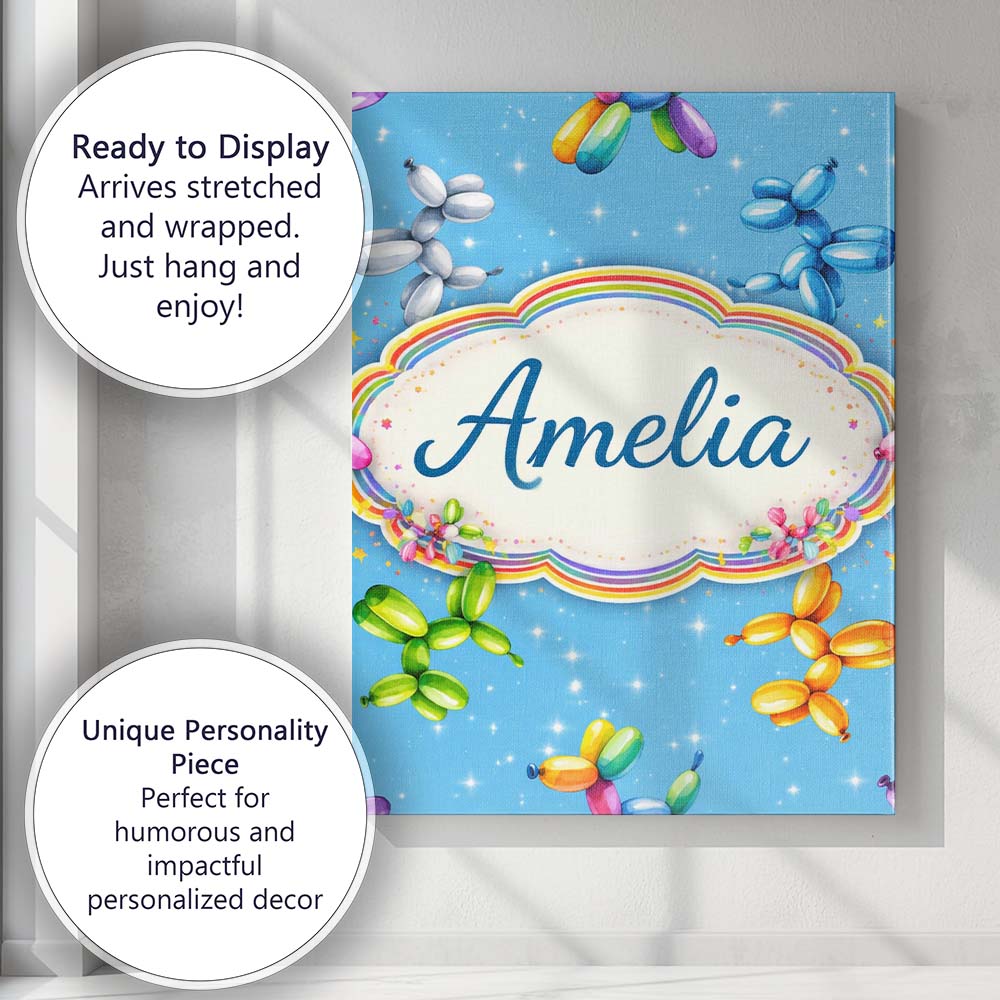Personalised Name Balloon Dog Seamless Pattern Blue Background Custom Modern Room Accent Canvas Wall Art Print Decor Picture Ready to Hang