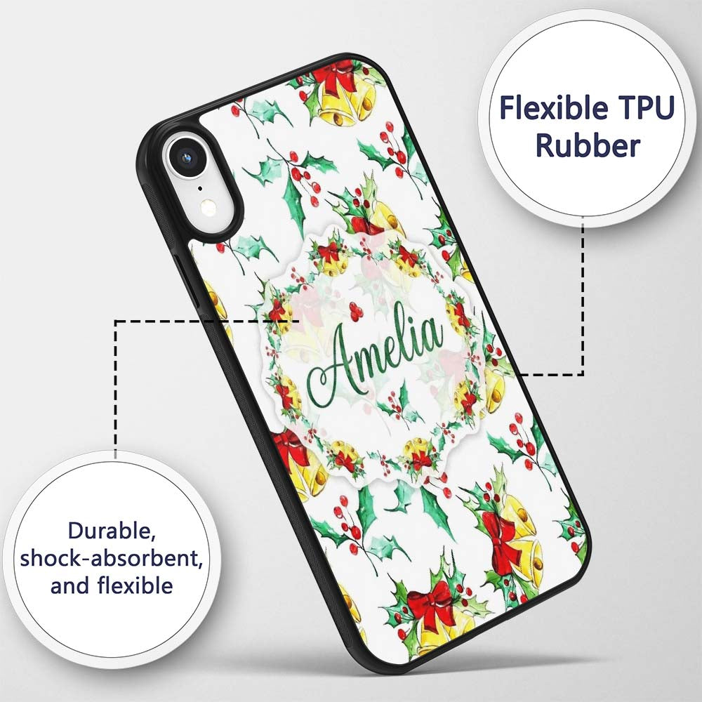 Watercolor Christmas Bells Holly Berry Festive Custom Name Protective Phone Case Mobile Cover Durable Everyday Smartphone Shock Resistant