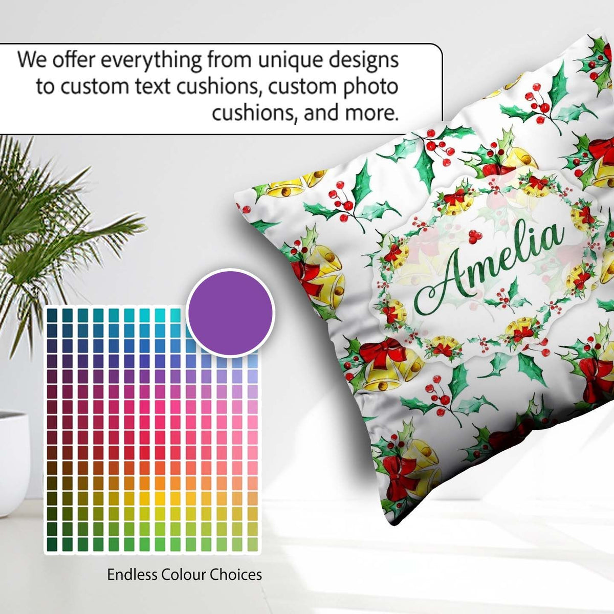 Custom Name Christmas Bells Holly Berry Festive Seamless Pattern Square Filled Cushion Throw Pillow Sofa Bed Home Decor Zip Washable UK Made