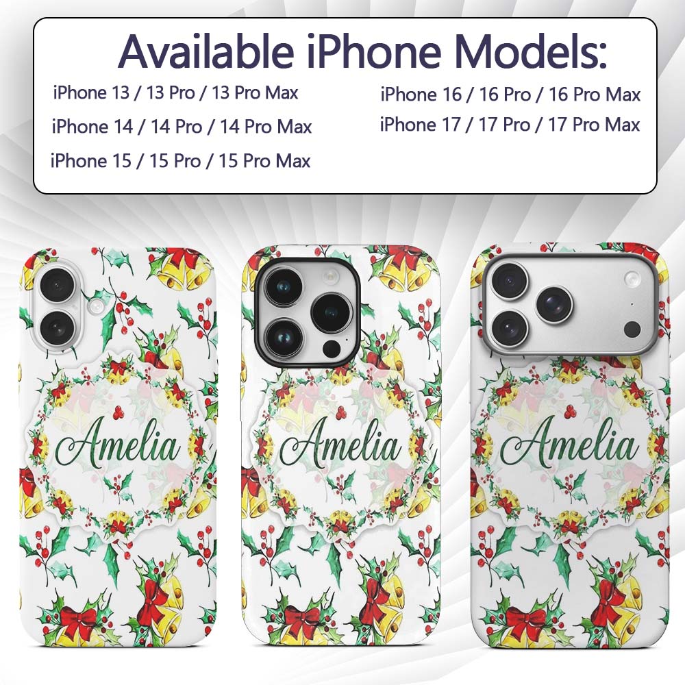 Watercolor Christmas Bells Holly Berry Festive Custom Name Protective Phone Case Mobile Cover Durable Everyday Smartphone Shock Resistant