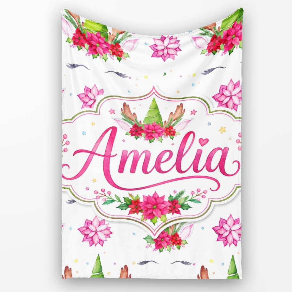 Cute Christmas Unicorn Antlers Floral Fantasy Seamless Pattern Personalised Custom Name Super Soft Fleece Blanket Bed Sofa Throw