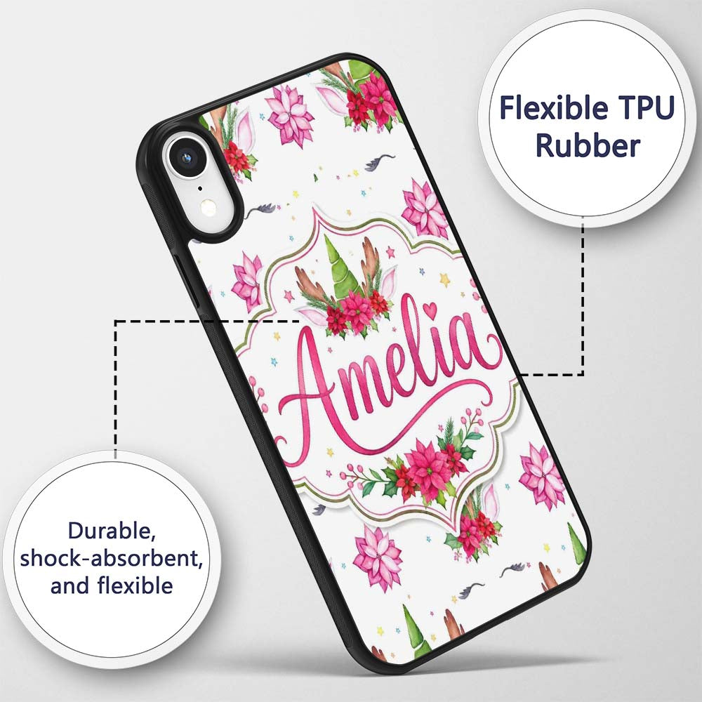 Cute Christmas Unicorn Antlers Floral Fantasy Custom Name Protective Phone Case Mobile Cover Durable Everyday Smartphone Shock Resistant