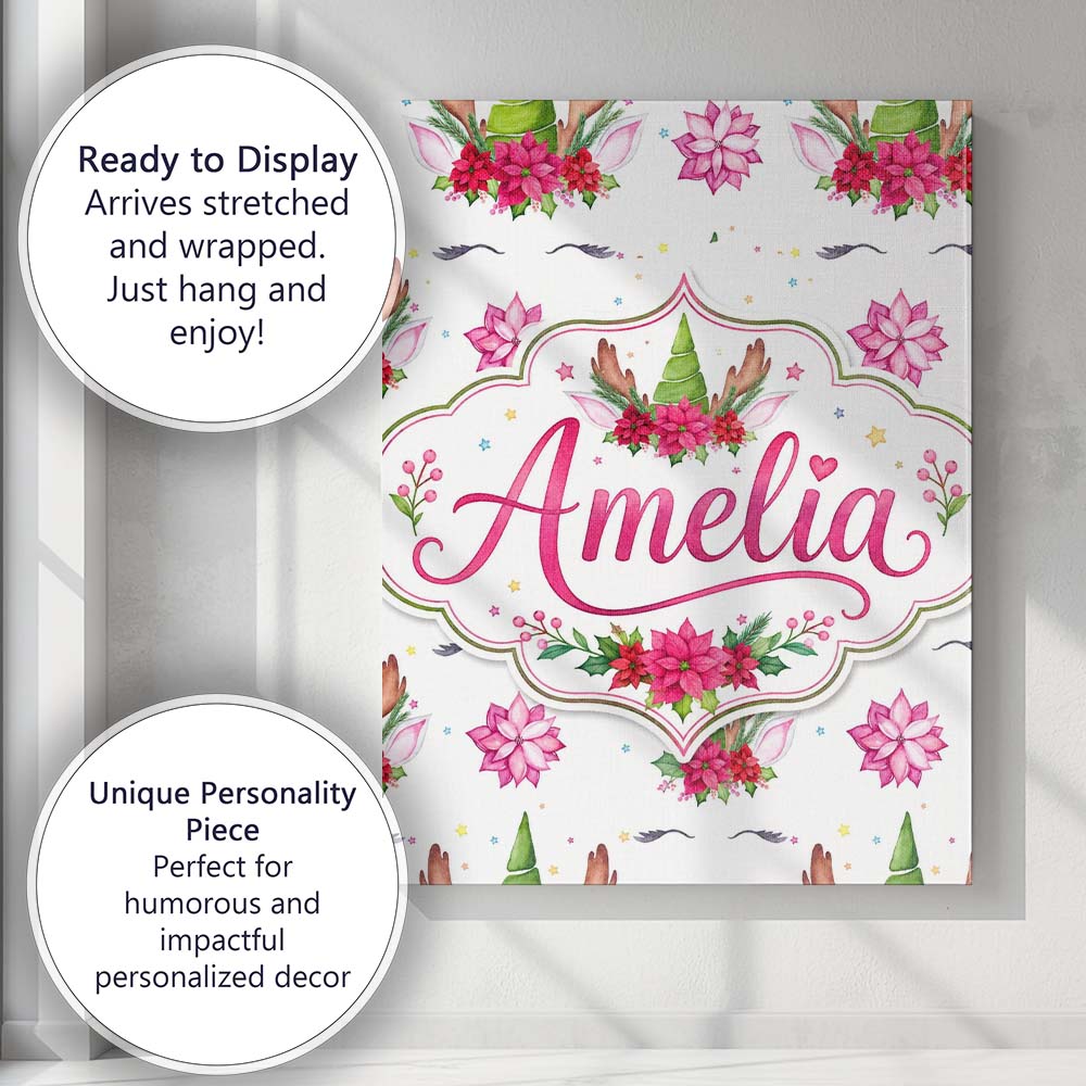 Personalised Name Cute Christmas Unicorn Custom Unique Gift Idea Elegant Feature Canvas Wall Art Print Decor Picture Ready to Hang