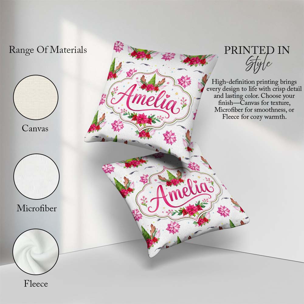 Custom Name Cute Unicorn Antlers Floral Fantasy Seamless Pattern Square Filled Cushion Throw Pillow Sofa Bed Home Decor Zip Washable UK Made