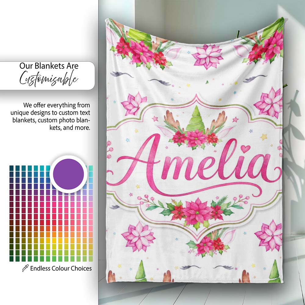 Cute Christmas Unicorn Antlers Floral Fantasy Seamless Pattern Personalised Custom Name Super Soft Fleece Blanket Bed Sofa Throw