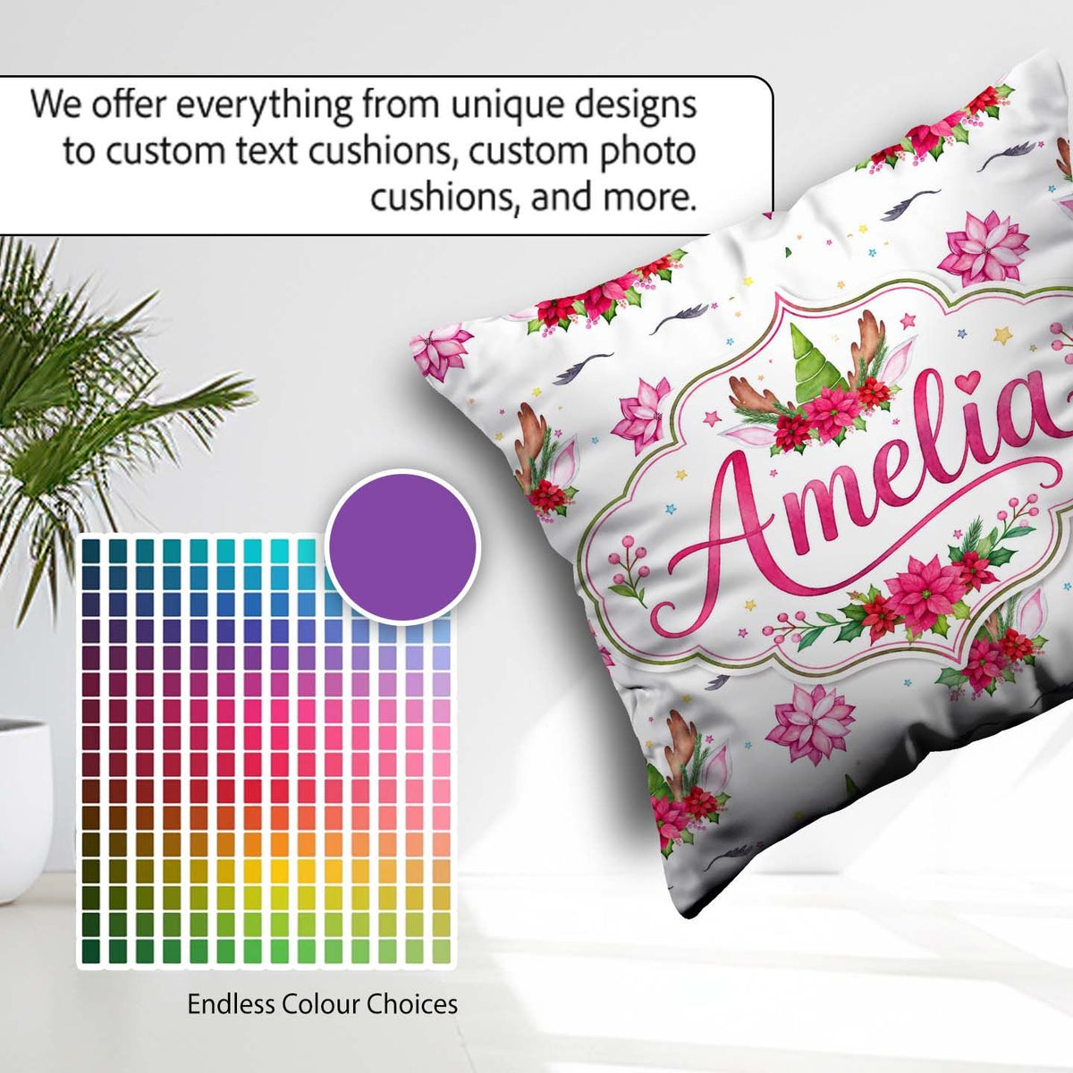 Custom Name Cute Unicorn Antlers Floral Fantasy Seamless Pattern Square Filled Cushion Throw Pillow Sofa Bed Home Decor Zip Washable UK Made