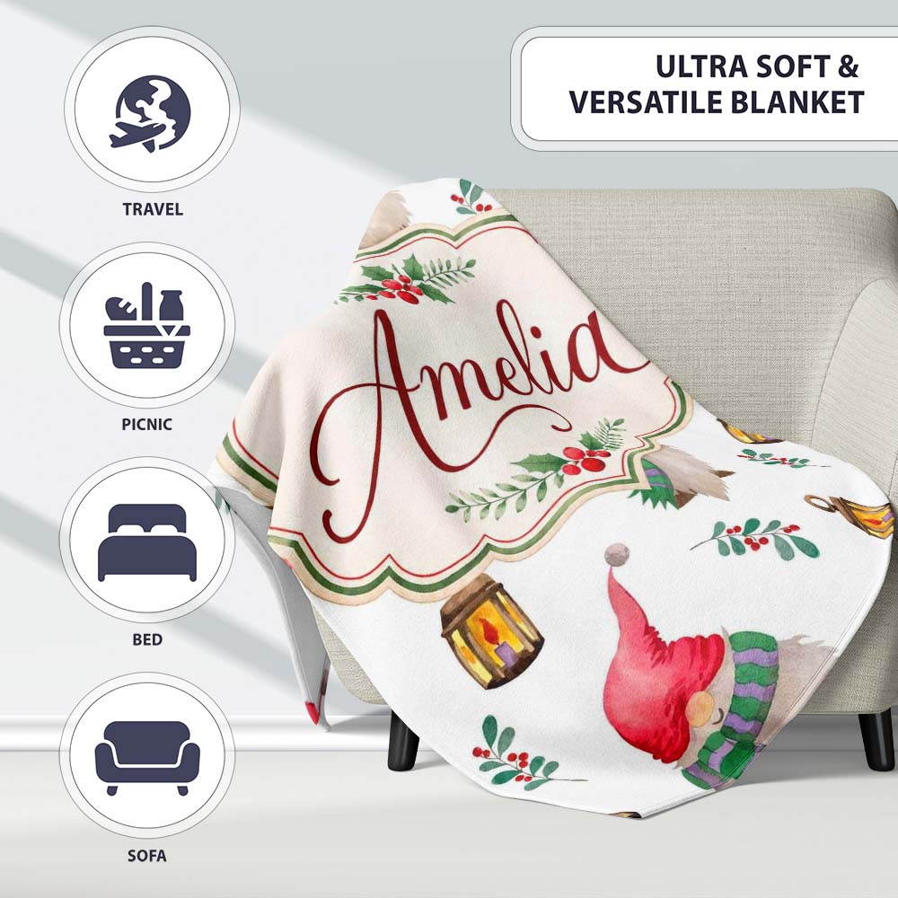 Cute Christmas Gnome Lantern Winter Holiday Seamless Pattern Lovely Personalised Custom Name Super Soft Fleece Blanket Bed Sofa Throw