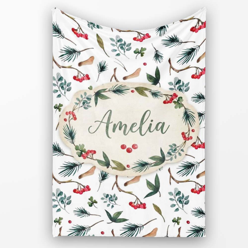 Winter Botanical Pine Branch Berry Nature Seamless Pattern Lovely Personalised Custom Name Super Soft Fleece Blanket Bed Sofa Throw