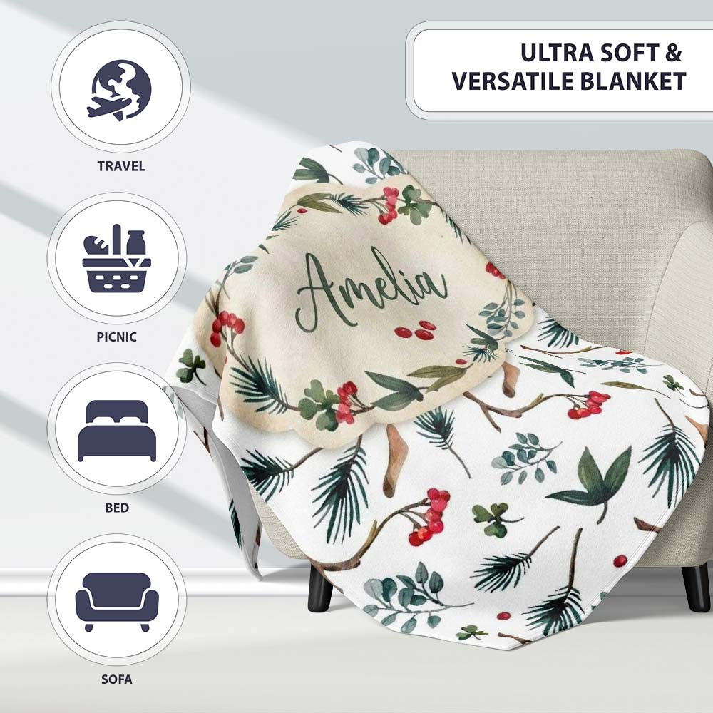 Winter Botanical Pine Branch Berry Nature Seamless Pattern Lovely Personalised Custom Name Super Soft Fleece Blanket Bed Sofa Throw