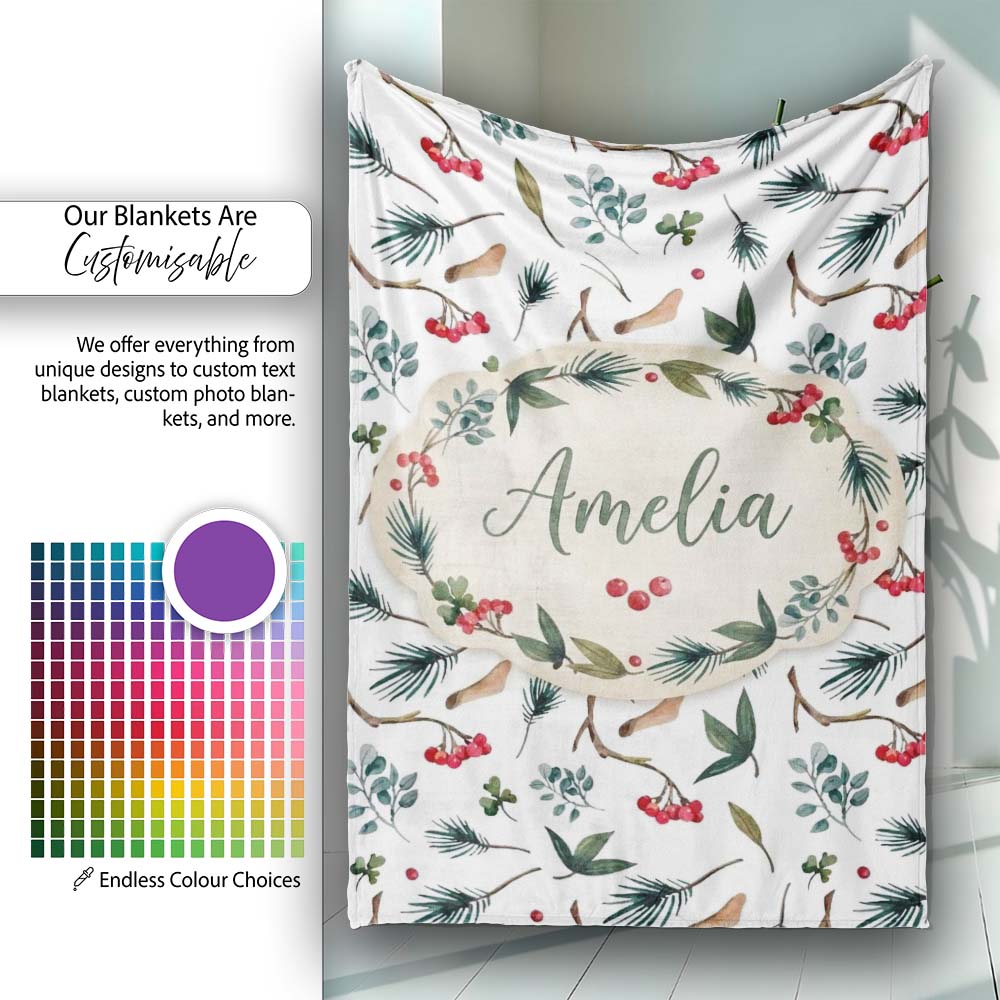 Winter Botanical Pine Branch Berry Nature Seamless Pattern Lovely Personalised Custom Name Super Soft Fleece Blanket Bed Sofa Throw