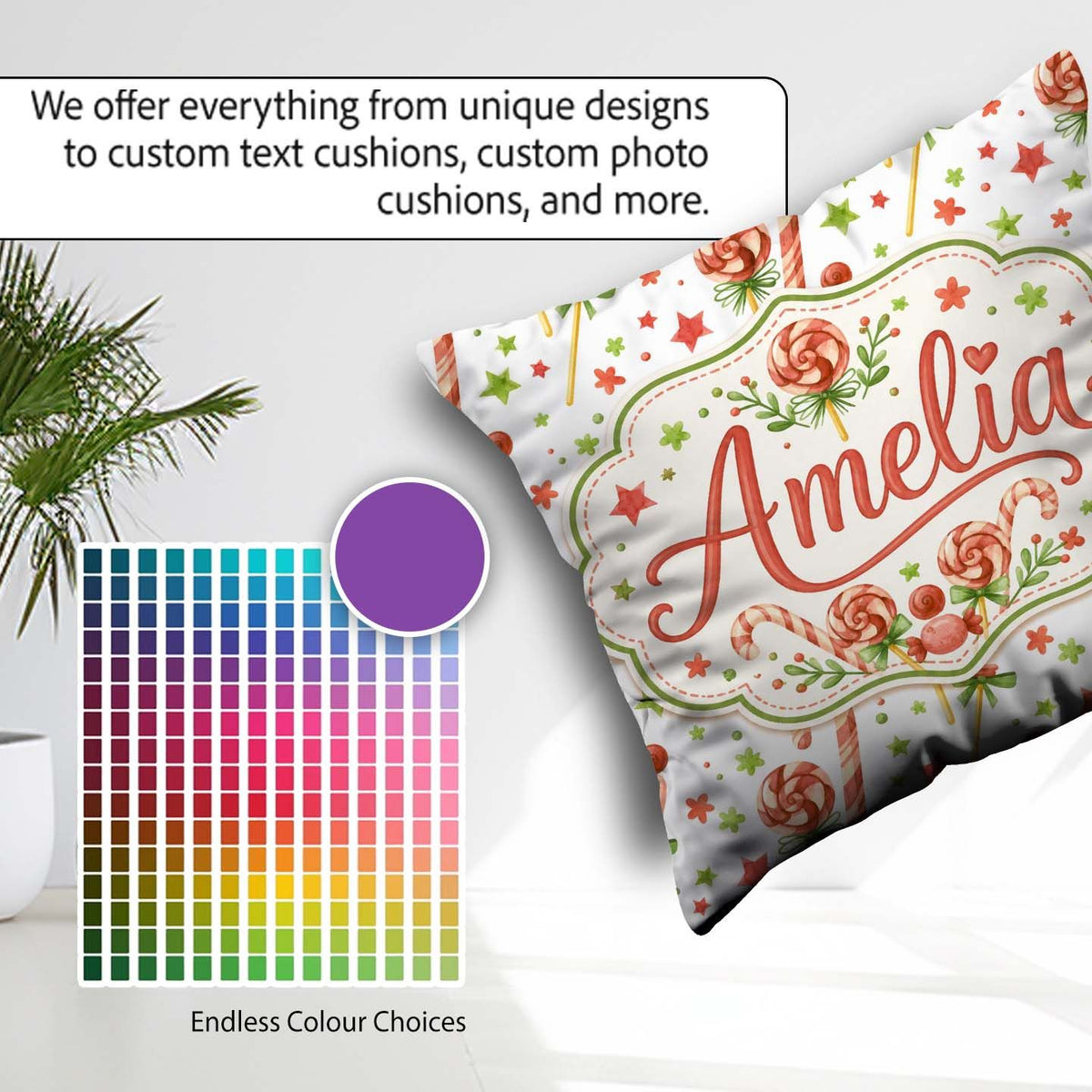 Custom Name Candy Cane Lollipop Sweet Christmas Seamless Pattern Square Filled Cushion Throw Pillow Sofa Bed Home Decor Zip Washable UK Made