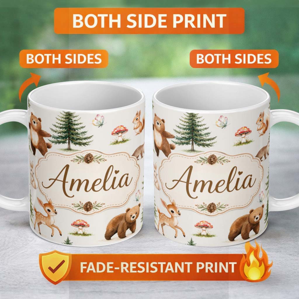 Personalized Custom Name Cute Woodland Forest Animals Bear Bunny Deer on Soft Neutral Lovely 11oz Ceramic Coffee Tea Mug White Large Handle