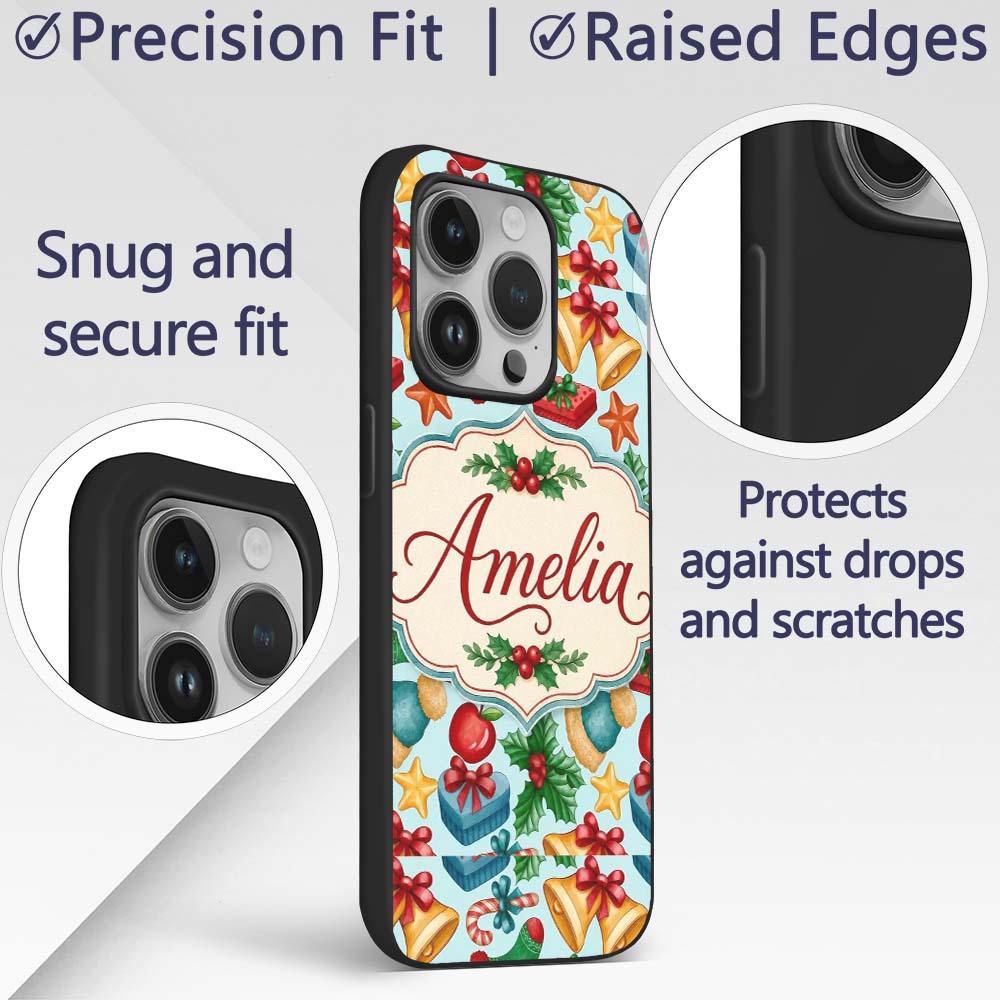 Bright Christmas Gift Bell Apple Festive Seamless Custom Name Protective Phone Case Mobile Cover Durable Everyday Smartphone Shock Resistant