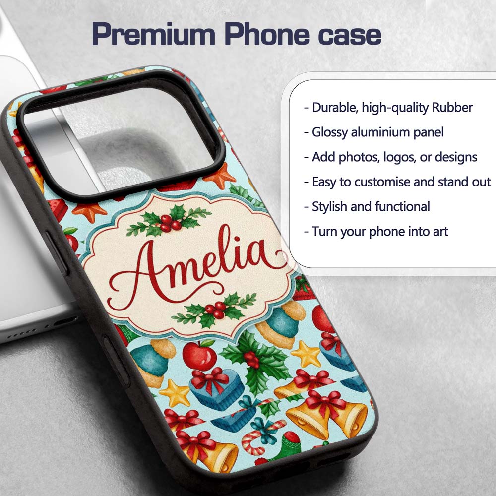 Bright Christmas Gift Bell Apple Festive Seamless Custom Name Protective Phone Case Mobile Cover Durable Everyday Smartphone Shock Resistant