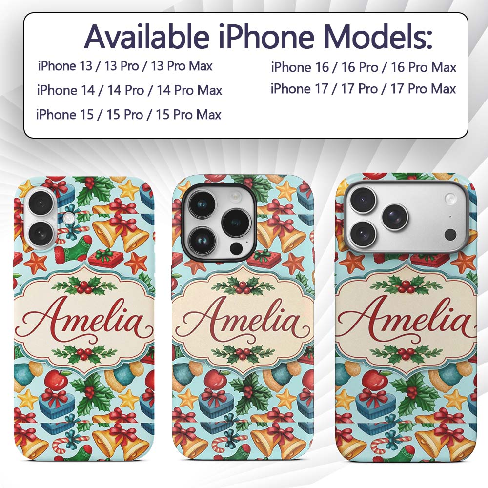 Bright Christmas Gift Bell Apple Festive Seamless Custom Name Protective Phone Case Mobile Cover Durable Everyday Smartphone Shock Resistant