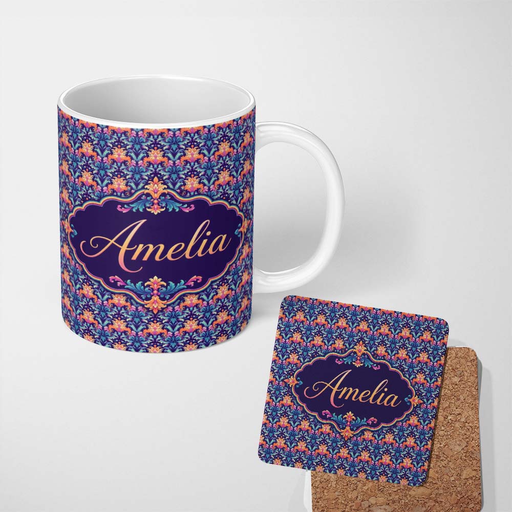 Personalized Custom Name Vibrant Ornate Floral Damask with Bold Orange and Teal Seamless 11oz Ceramic Coffee Tea Mug White Large Handle